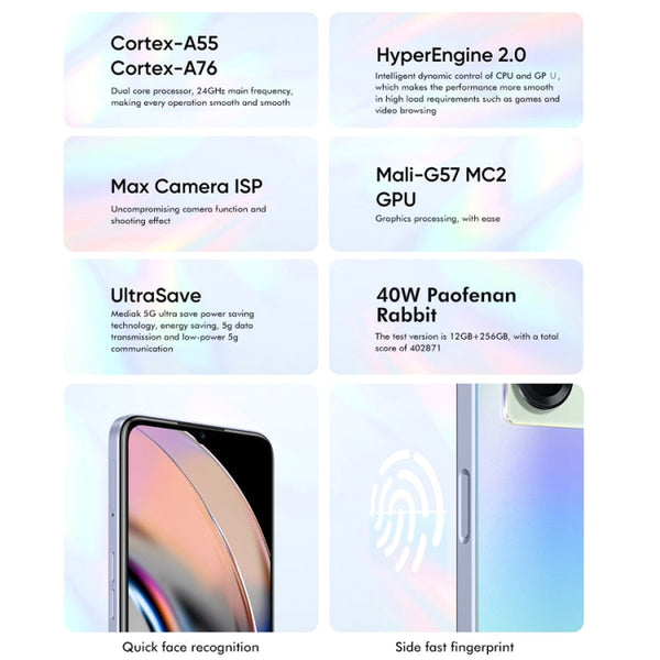 Dual Back Cameras, Side Fingerprint Identification, 5000mAh Battery, 6.58 inch Realme UI 3.0 / Android 12 MediaTek Dimensity 810 Octa Core up to 2.4GHz, Network: 5G, Support Google Play