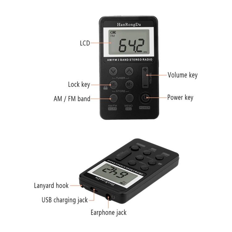 Portable AM / FM Two Bands Rechargeable Stereo Radio Mini Receiver with & LCD Screen & Earphone Jack & Lanyard