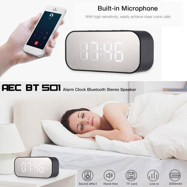 AEC BT501 Bluetooth 5.0 Mini Speaker with LED & Alarm Clock & Clock & Mirror, Support 32G TF Card