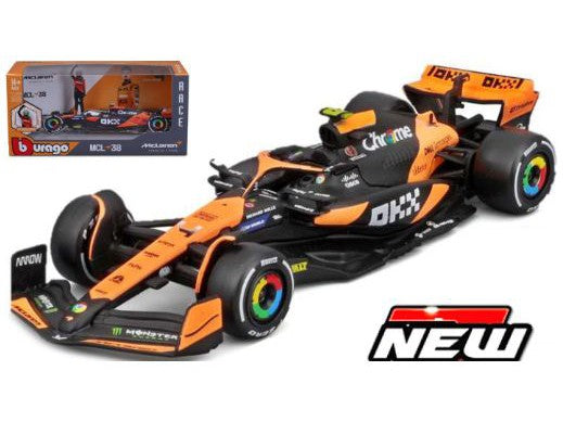 McLaren F1 Team MCL38 #4 Lando Norris F1 2024 1:24 Scale Bburago Model Car with driver standing