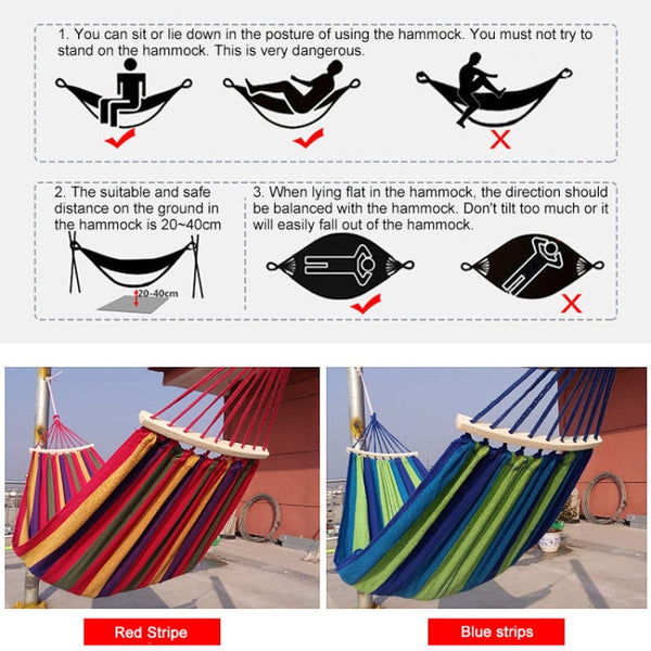 Outdoor Rollover-resistant Double Person Canvas Hammock Portable Beach Swing Bed with Wooden Sticks, Size: 190 x 150cm, Size: 190 x 150cm(Blue), Size:190 x 150cm(Red)