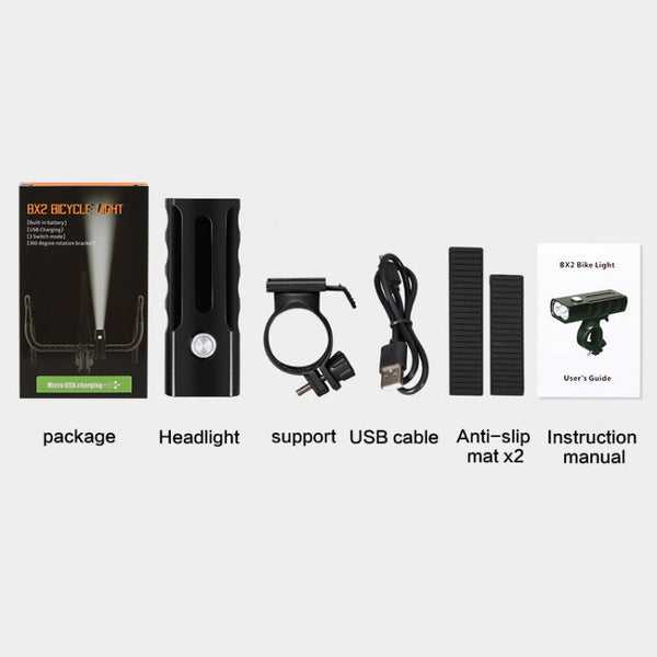 BX2 USB Charging Bicycle Light Front Handlebar Led Light (3 Hours, T6+A02 Lamp), 3 Hours, T6+A02 Lamp