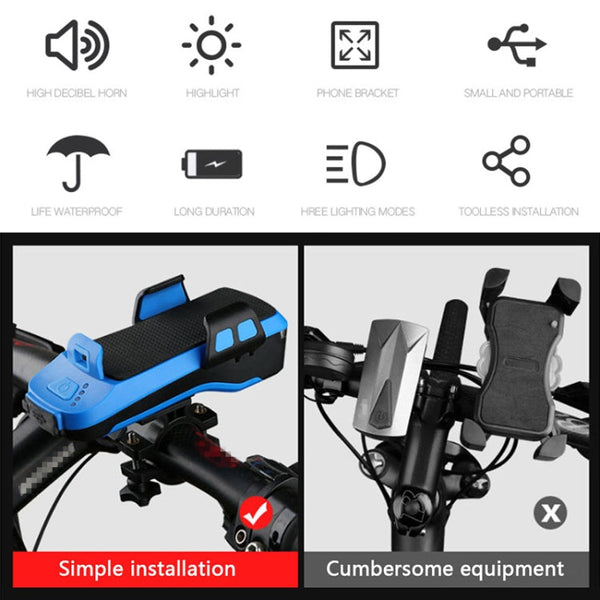 Multifunction 4  in 1 Phone Holder Bicycle Bell Cycling Lamp Flashlight, 4 in 1 Phone Holder
