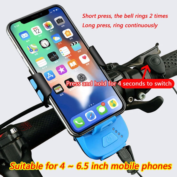 Multifunction 4  in 1 Phone Holder Bicycle Bell Cycling Lamp Flashlight, 4 in 1 Phone Holder