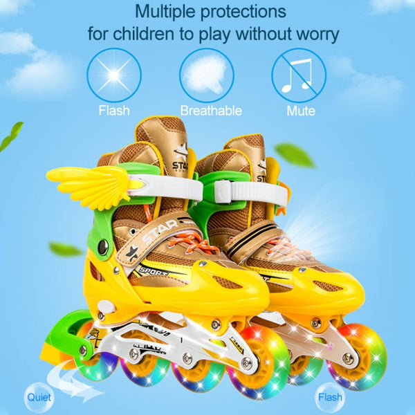 Adjustable Children Full Flash Single Four-wheel Roller Skates Skating Shoes Set, Size : S, Size : S (Gold), Size : S (Blue), Size : S (Red), Size : S (Pink)