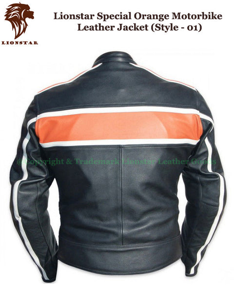 Men's Orange Black Stripe Leather Motorcycle Jacket