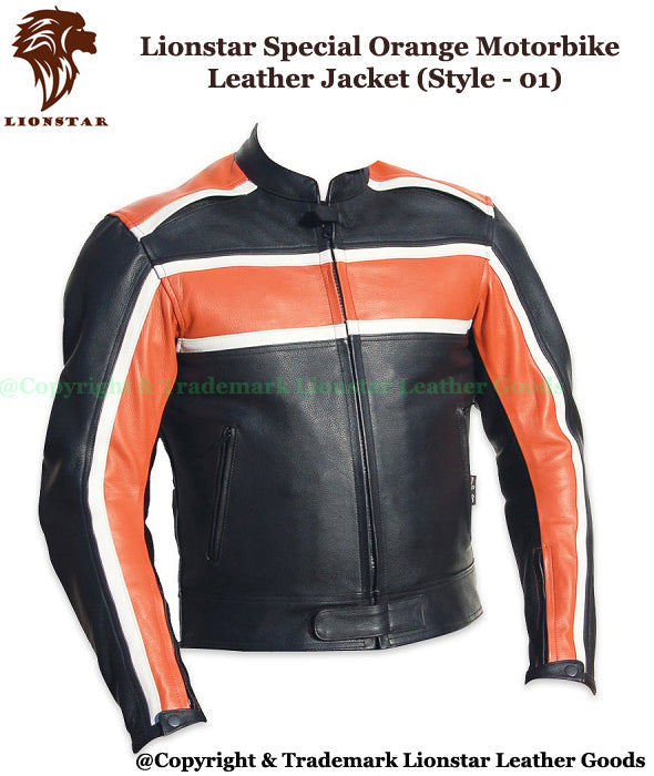 Men's Orange Black Stripe Leather Motorcycle Jacket