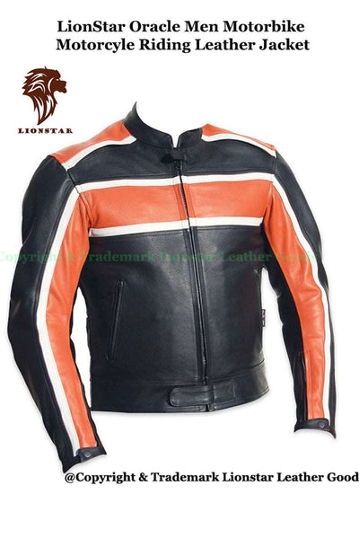 Men's Orange Black Stripe Leather Motorcycle Jacket