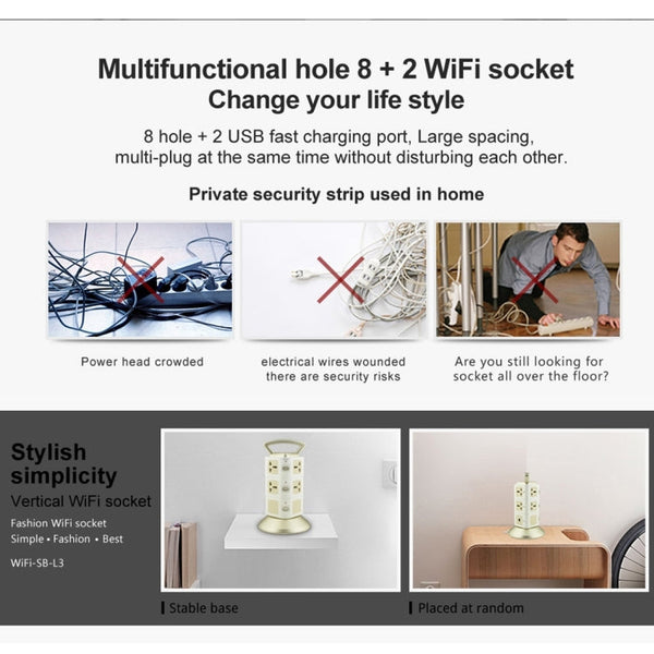 VONETS WiFi-SB-L3 3 Layers with 8 Outlets + 2 USB Ports + RJ45 Port 300Mbps WiFi Repeater Smart Power Sockets, EU Plug, Cable Length: 2m