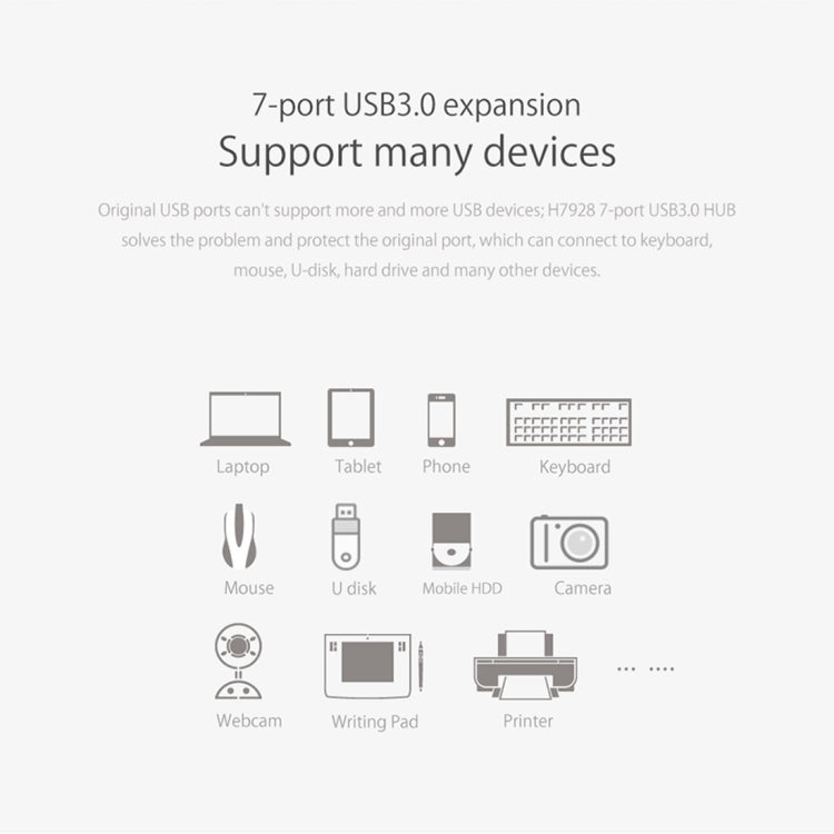 ORICO H7928-U3 ABS Material Desktop 7 Ports USB 3.0 HUB with 1m Cable, USB 3.0