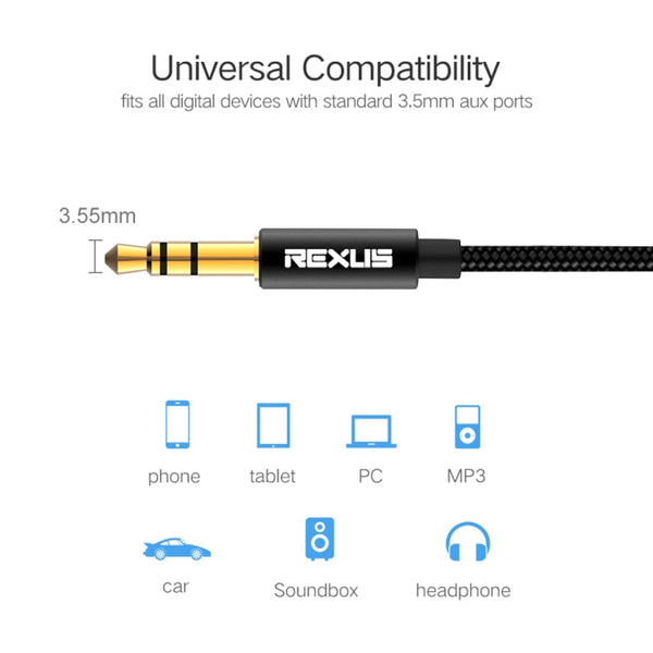 REXLIS 3629 3.5mm Male to Male Car Stereo Gold-plated Jack AUX Audio Cable for 3.5mm AUX Standard Digital Devices, Length: 1.8m, Length: 1.8m