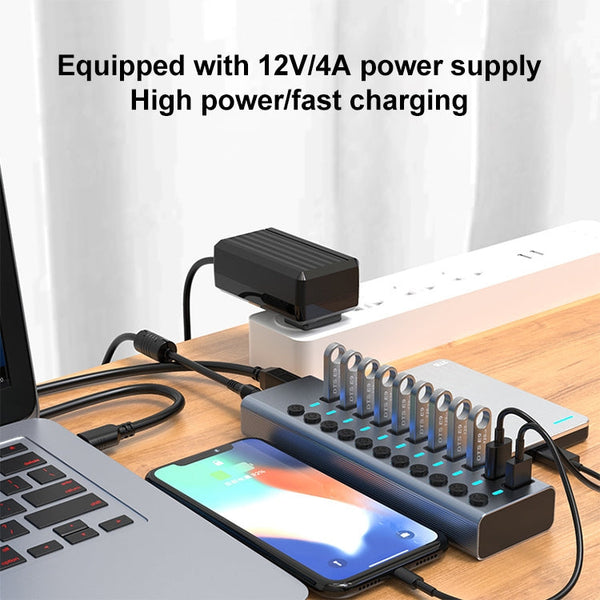 11 in 1 USB 3.0 HUB Splitter with Independent Switch & 12V 4A Power Supply