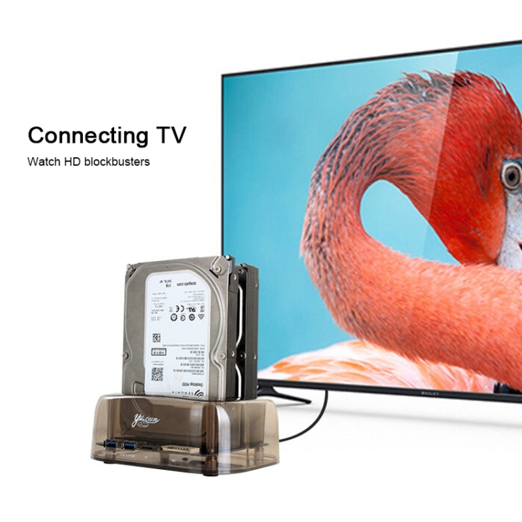 2.5 / 3.5 inch USB3.0 Dual SATA HDD Enclosure with HUB & OTB Function, The Maximum Support Capacity: 16TB