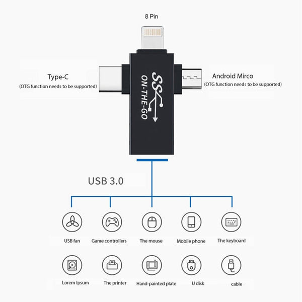 3 in 1 USB 3.0 to 8 Pin + Micro USB + USB-C / Type-C Interface Multifunctional OTG Adapter