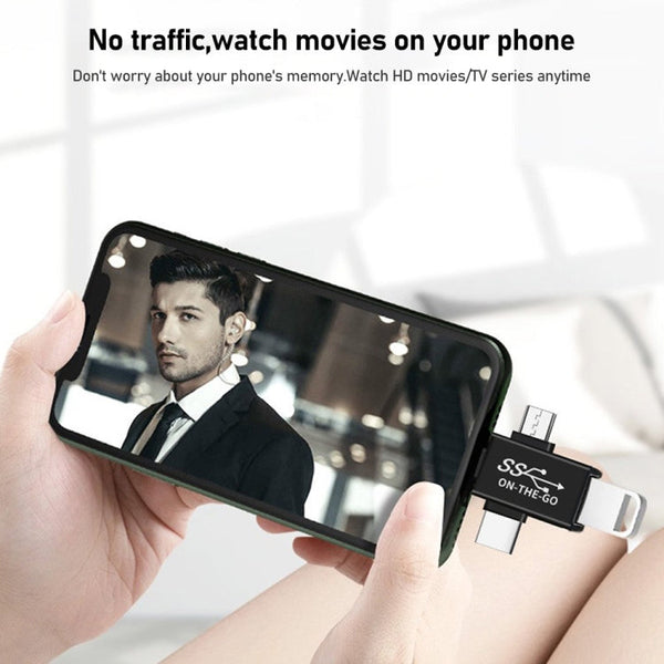 3 in 1 USB 3.0 to 8 Pin + Micro USB + USB-C / Type-C Interface Multifunctional OTG Adapter