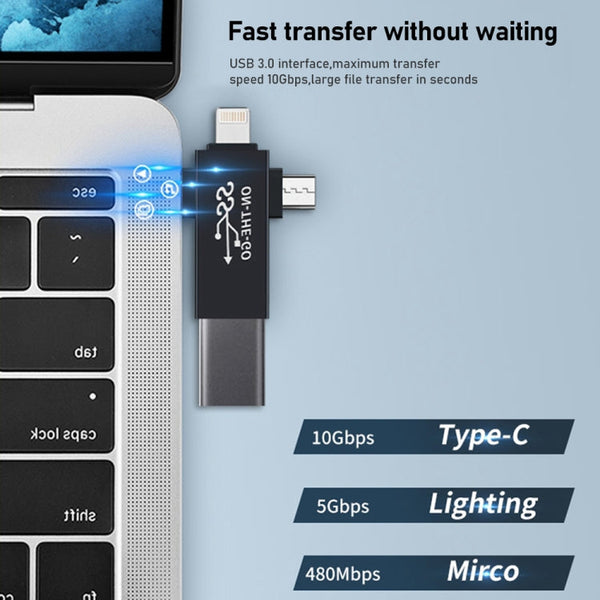 3 in 1 USB 3.0 to 8 Pin + Micro USB + USB-C / Type-C Interface Multifunctional OTG Adapter