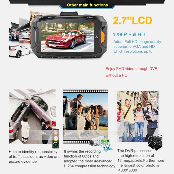 GS90C Car DVR Camera 2.7 inch LCD Screen HD 2304 x 1296P 170 Degree Wide Angle Viewing, Support Motion Detection / TF Card / G-Sensor / HDMI