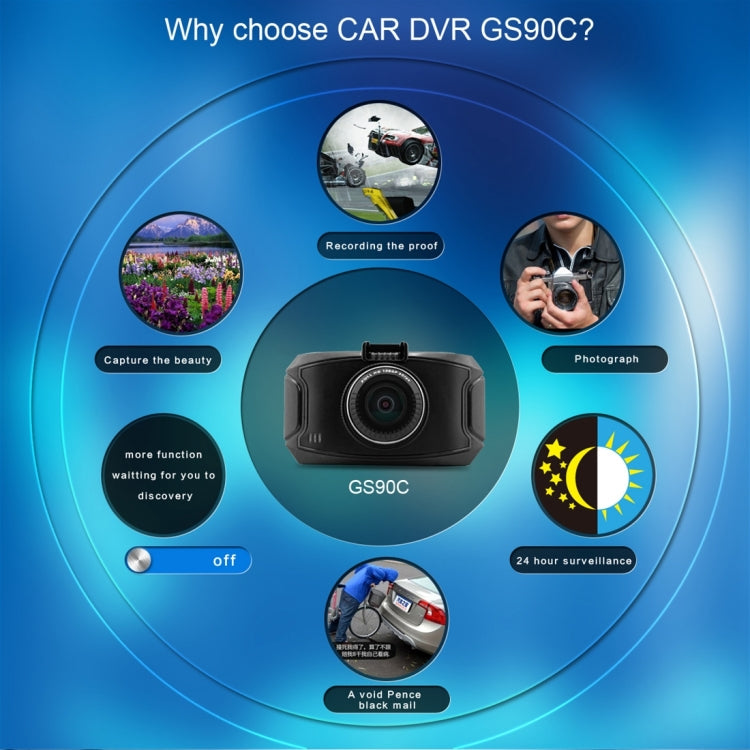 GS90C Car DVR Camera 2.7 inch LCD Screen HD 2304 x 1296P 170 Degree Wide Angle Viewing, Support Motion Detection / TF Card / G-Sensor / HDMI