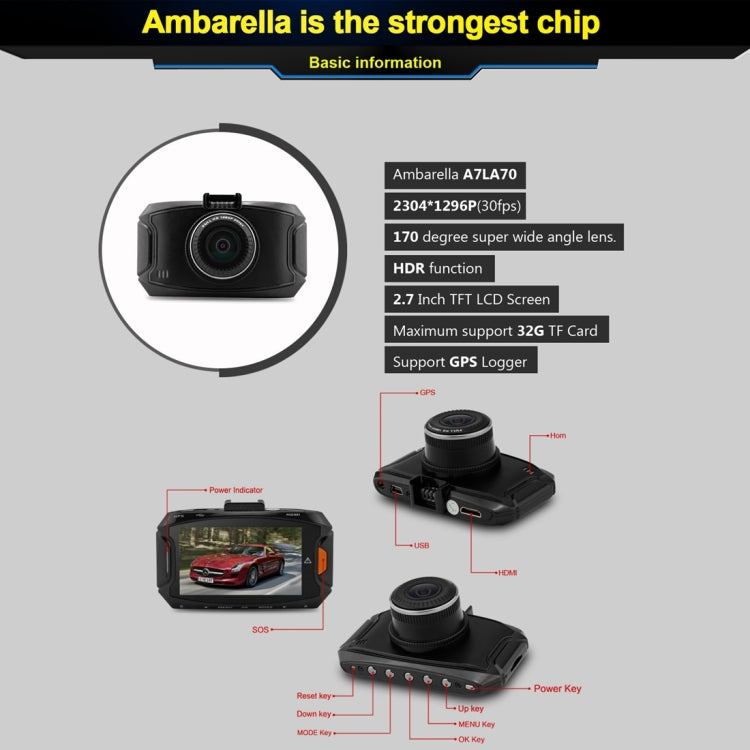 GS90C Car DVR Camera 2.7 inch LCD Screen HD 2304 x 1296P 170 Degree Wide Angle Viewing, Support Motion Detection / TF Card / G-Sensor / HDMI
