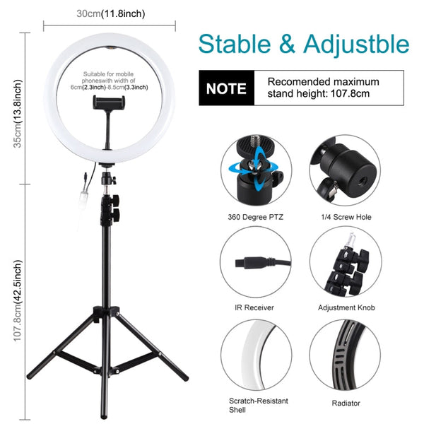 PULUZ 11.8 inch 30cm RGB Light 1.1m Tripod Mount Dimmable LED Ring Vlogging Selfie Photography Video Lights Live Broadcast Kits with Cold Shoe Tripod Ball Head & Phone Clamp