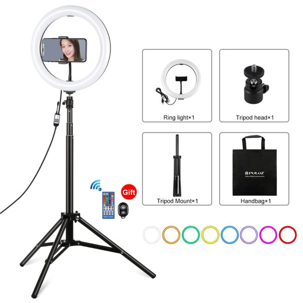 PULUZ 10.2 inch 26cm RGBW Light + 1.65m Tripod Mount Curved Surface USB RGBW Dimmable LED Ring Vlogging Video Light Live Broadcast Kits with Cold Shoe Tripod Ball Head & Phone Clamp & Remote Control