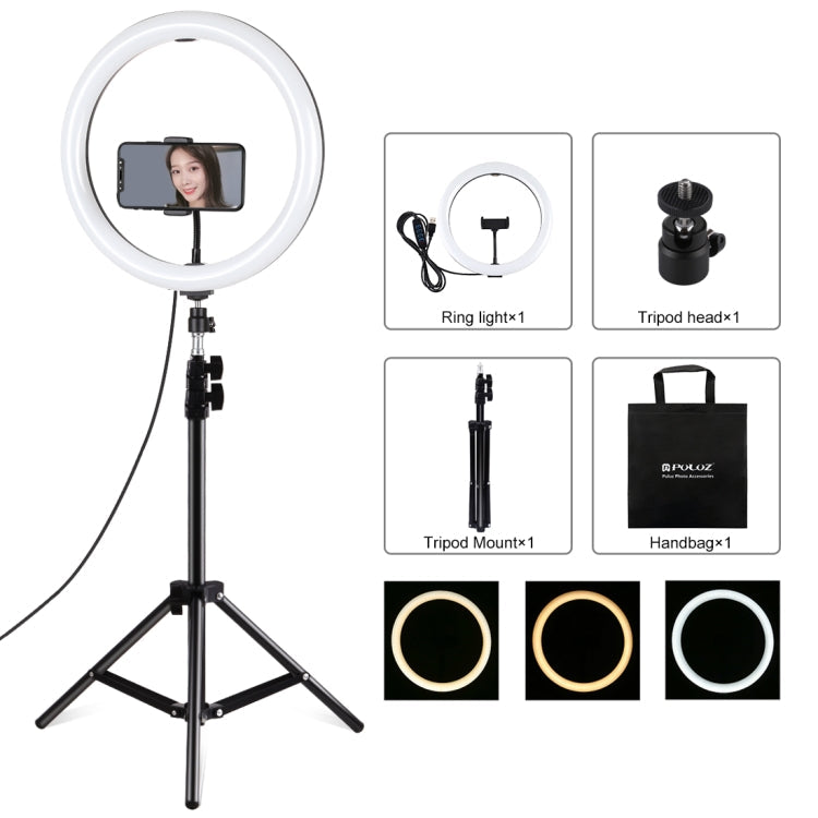 PULUZ 11.8 inch 30cm Light + 1.1m Tripod Mount Curved Surface USB 3 Modes Dimmable Dual Color Temperature LED Ring Vlogging Video Light  Live Broadcast Kits with Phone Clamp
