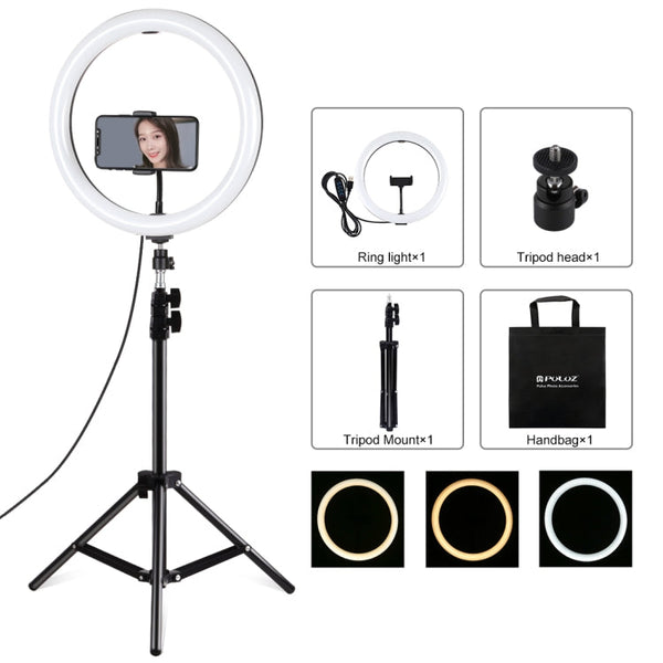 PULUZ 11.8 inch 30cm Light + 1.1m Tripod Mount Curved Surface USB 3 Modes Dimmable Dual Color Temperature LED Ring Vlogging Video Light  Live Broadcast Kits with Phone Clamp
