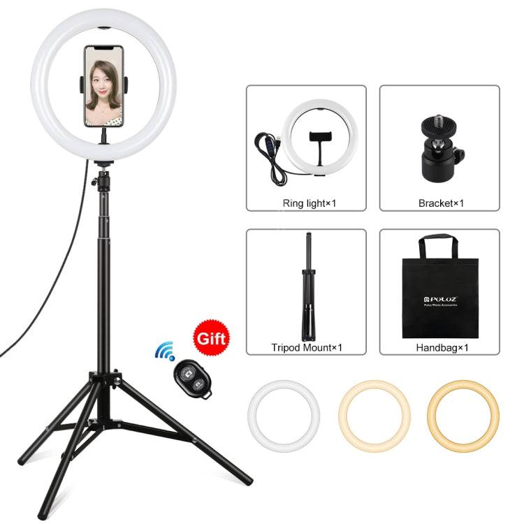 PULUZ 10.2 inch 26cm Light + 1.65m Tripod Mount Curved Surface USB 3 Modes Dimmable Dual Color Temperature Ring Vlogging Video Light Live Broadcast Kits with Phone Clamp & Selfie Remote Control
