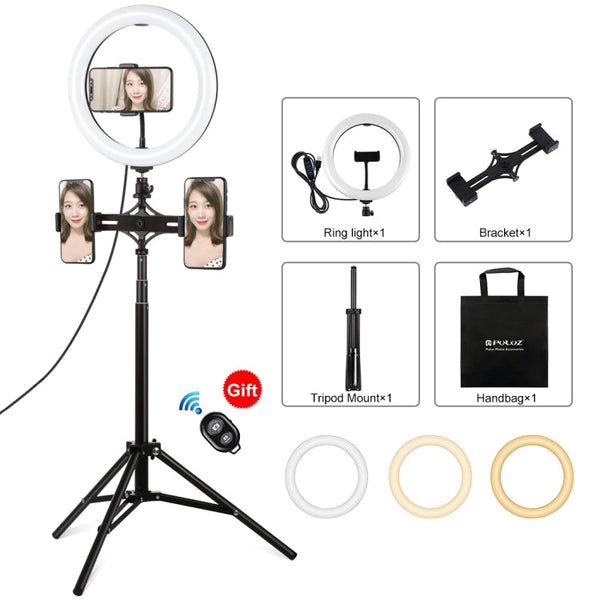 PULUZ 1.65m Tripod Mount + Dual Phone Brackets + 10.2 inch 26cm Curved Surface USB 3 Modes Dimmable Dual Color Temperature Ring Selfie Vlogging Video Light Live Broadcast Kits with Phone Clamp & Selfie Remote Control