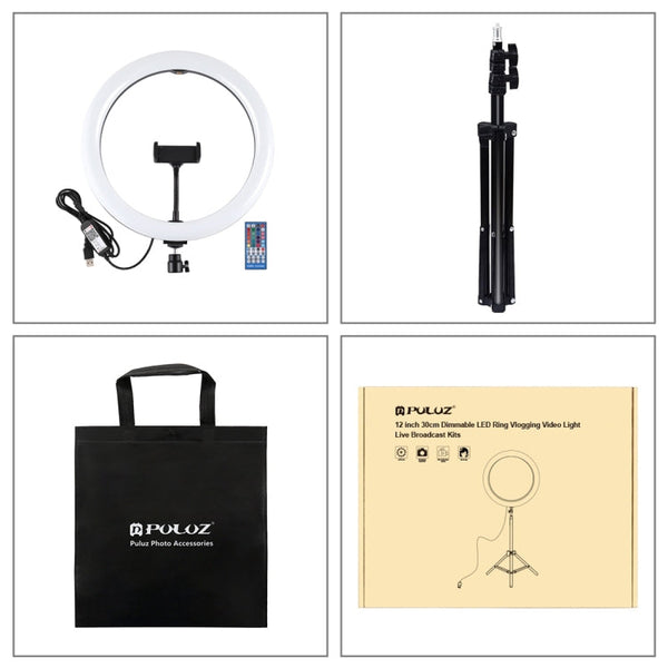 PULUZ 11.8 inch 30cm RGBW Light + 1.1m Tripod Mount Curved Surface Dimmable LED Dual Color Temperature LED Ring Selfie Vlogging Video Light  Live Broadcast Kits with Cold Shoe Tripod Ball Head & Phone Clamp & Remote Control