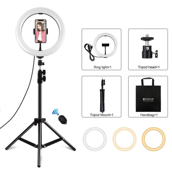 PULUZ 10.2 inch 26cm Ring Light + 1.1m Tripod Mount USB 3 Modes Dimmable Dual Color Temperature LED Curved Diffuse Light Vlogging Selfie Photography Video Lights with Phone Clamp & Selfie Remote Control