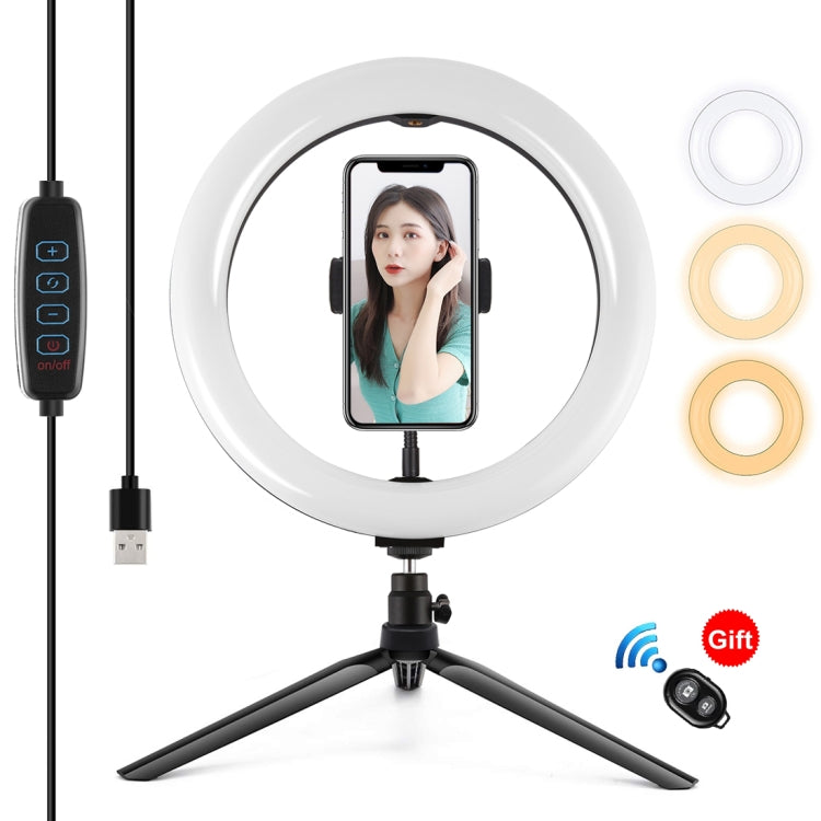 PULUZ 10.2 inch 26cm Light + Desktop Tripod Mount USB 3 Modes Dimmable Dual Color Temperature LED Curved Diffuse Light Ring Vlogging Selfie Photography Video Lights with Phone Clamp