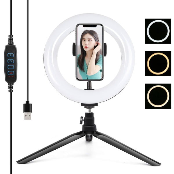 PULUZ 7.9 inch 20cm Light + Desktop Tripod Mount USB 3 Modes Dimmable Dual Color Temperature LED Curved Light Ring Vlogging Selfie Beauty Photography Video Lights with Phone Clamp