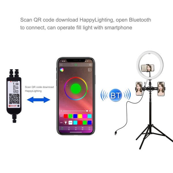 PULUZ 11.8 inch 30cm RGBW Light + 1.65m Mount + Dual Phone Brackets Curved Surface RGBW Dimmable LED Ring Selfie Vlogging Light  Live Broadcast Kits with Cold Shoe Tripod Adapter & Phone Clamp & Remote Control