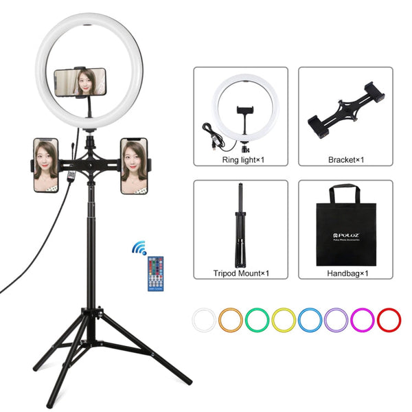 PULUZ 11.8 inch 30cm RGBW Light + 1.65m Mount + Dual Phone Brackets Curved Surface RGBW Dimmable LED Ring Selfie Vlogging Light  Live Broadcast Kits with Cold Shoe Tripod Adapter & Phone Clamp & Remote Control