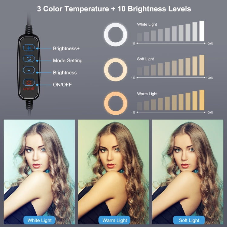 PULUZ 7.9 inch 20cm Light+ Round Base Desktop Holder USB 3 Modes Dimmable Dual Color Temperature LED Curved Light Ring Vlogging Selfie Photography Video Lights with Phone Clamp