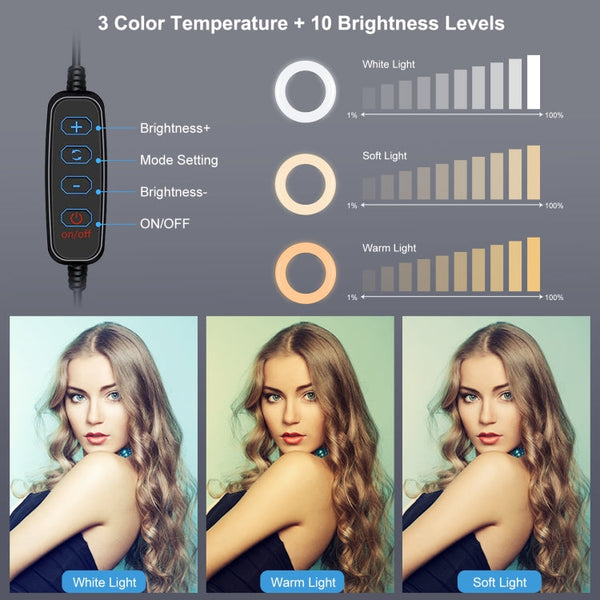 PULUZ 7.9 inch 20cm Light+ Round Base Desktop Holder USB 3 Modes Dimmable Dual Color Temperature LED Curved Light Ring Vlogging Selfie Photography Video Lights with Phone Clamp