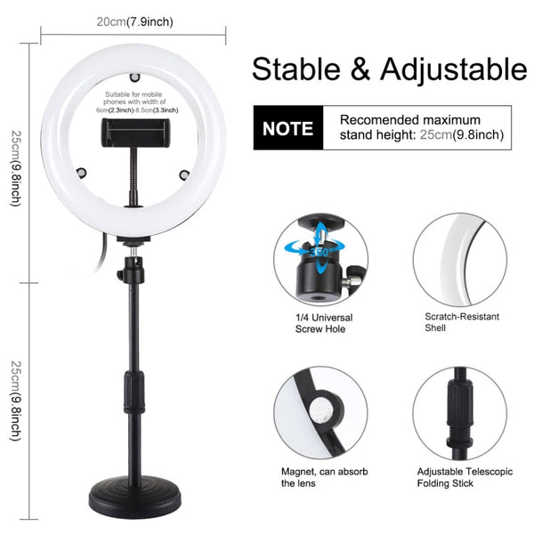 PULUZ 7.9 inch 20cm Mirror Light + Round Base Desktop Mount 3 Modes Dimmable Dual Color Temperature LED Curved Light Ring Vlogging Selfie Photography Video Lights with Phone Clamp