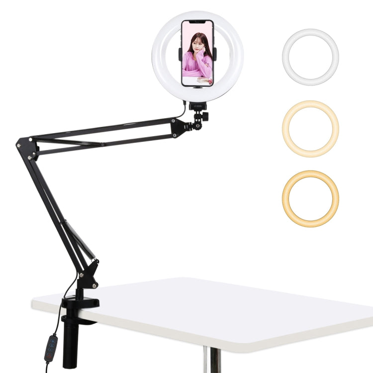 PULUZ 7.9 inch 20cm Ring Curved Light + Desktop Arm Stand USB 3 Modes Dimmable Dual Color Temperature LED Vlogging Selfie Photography Video Lights with Phone Clamp