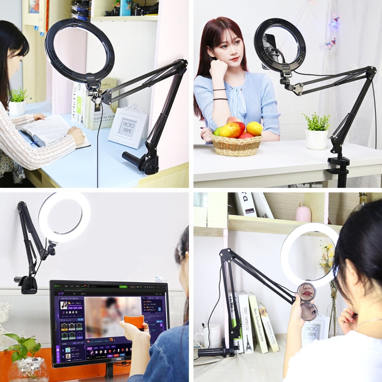 PULUZ 7.9 inch 20cm Ring Curved Light + Desktop Arm Stand USB 3 Modes Dimmable Dual Color Temperature LED Vlogging Selfie Photography Video Lights with Phone Clamp