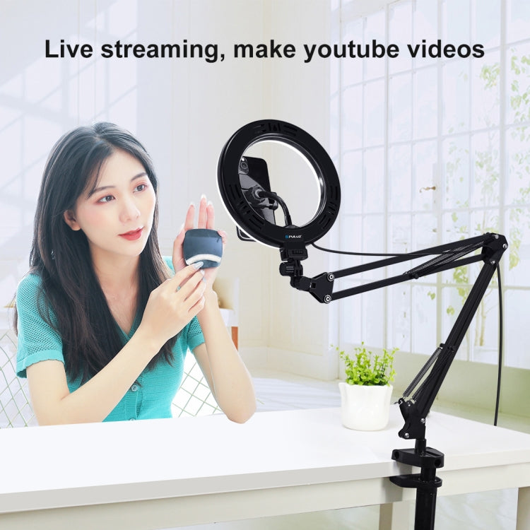 PULUZ 7.9 inch 20cm Ring Curved Light + Desktop Arm Stand USB 3 Modes Dimmable Dual Color Temperature LED Vlogging Selfie Photography Video Lights with Phone Clamp
