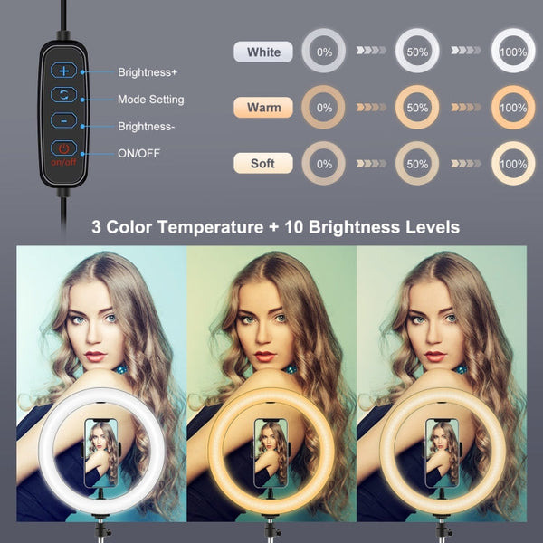 PULUZ 7.9 inch 20cm Ring Curved Light + Desktop Arm Stand USB 3 Modes Dimmable Dual Color Temperature LED Vlogging Selfie Photography Video Lights with Phone Clamp