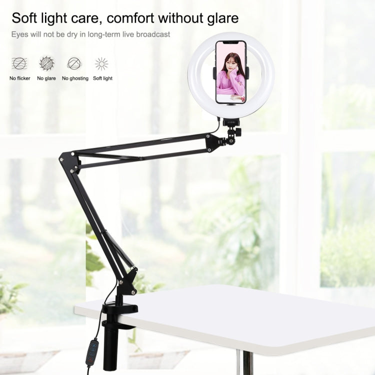 PULUZ 7.9 inch 20cm Ring Curved Light + Desktop Arm Stand USB 3 Modes Dimmable Dual Color Temperature LED Vlogging Selfie Photography Video Lights with Phone Clamp