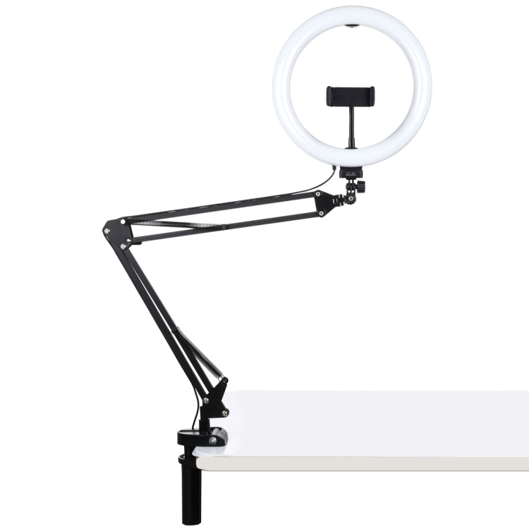 PULUZ 10.2 inch 26cm Ring Curved Light + Desktop Arm Stand USB 3 Modes Dimmable Dual Color Temperature LED Vlogging Selfie Photography Video Lights with Phone Clamp