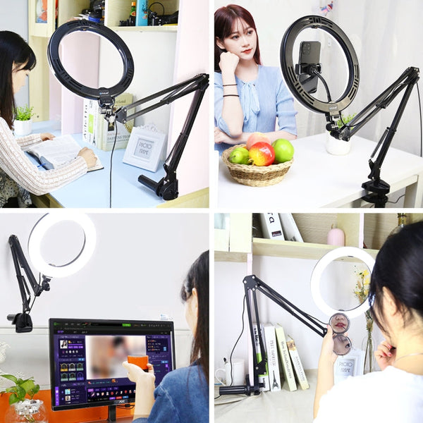 PULUZ 10.2 inch 26cm Ring Curved Light + Desktop Arm Stand USB 3 Modes Dimmable Dual Color Temperature LED Vlogging Selfie Photography Video Lights with Phone Clamp