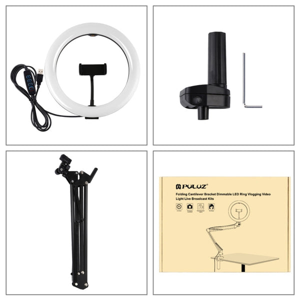 PULUZ 10.2 inch 26cm Ring Curved Light + Desktop Arm Stand USB 3 Modes Dimmable Dual Color Temperature LED Vlogging Selfie Photography Video Lights with Phone Clamp