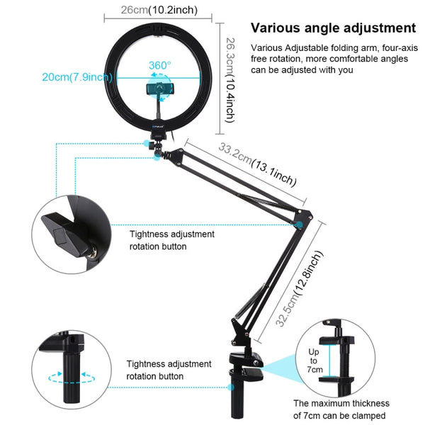 PULUZ 10.2 inch 26cm Ring Curved Light + Desktop Arm Stand USB 3 Modes Dimmable Dual Color Temperature LED Vlogging Selfie Photography Video Lights with Phone Clamp