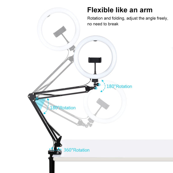 PULUZ 10.2 inch 26cm Ring Curved Light + Desktop Arm Stand USB 3 Modes Dimmable Dual Color Temperature LED Vlogging Selfie Photography Video Lights with Phone Clamp