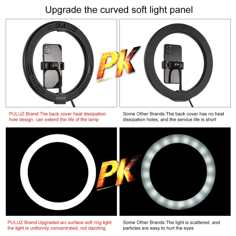 PULUZ 10.2 inch 26cm Ring Curved Light + Desktop Arm Stand USB 3 Modes Dimmable Dual Color Temperature LED Vlogging Selfie Photography Video Lights with Phone Clamp