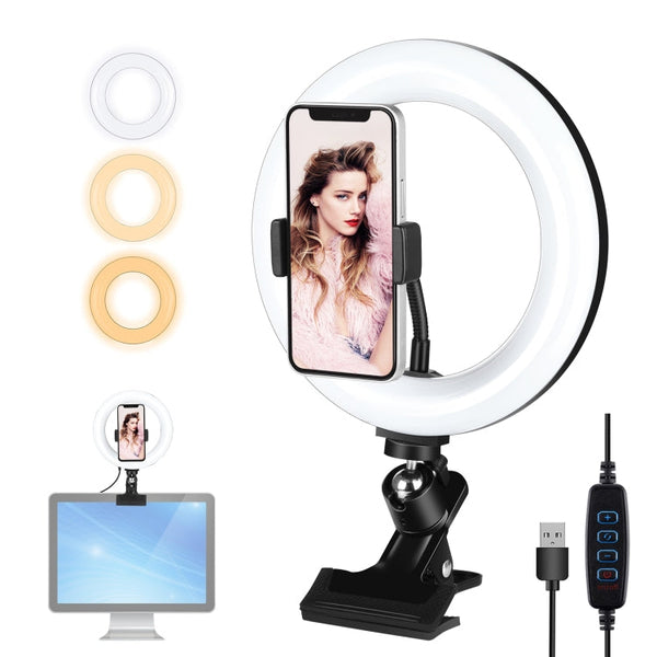 PULUZ 7.9 inch 20cm Ring Selfie Light + Monitor Clip 3 Modes USB Dimmable Dual Color Temperature LED Curved Vlogging Photography Video Lights Kits with Phone Clamp